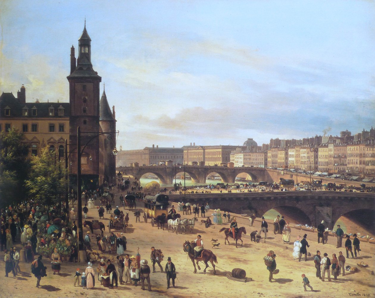 Blomstermarkedet, klokketårnet, Pont au Change og Pont Neuf av Giuseppe Canella