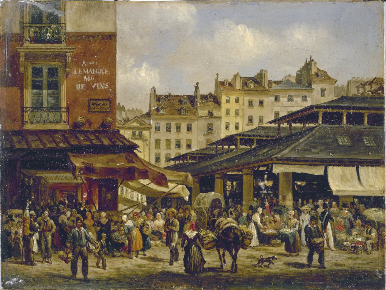 Les Halles og Rue de la Tonnellerie, ca. 1828 (olje på lerret) av Giuseppe Canella
