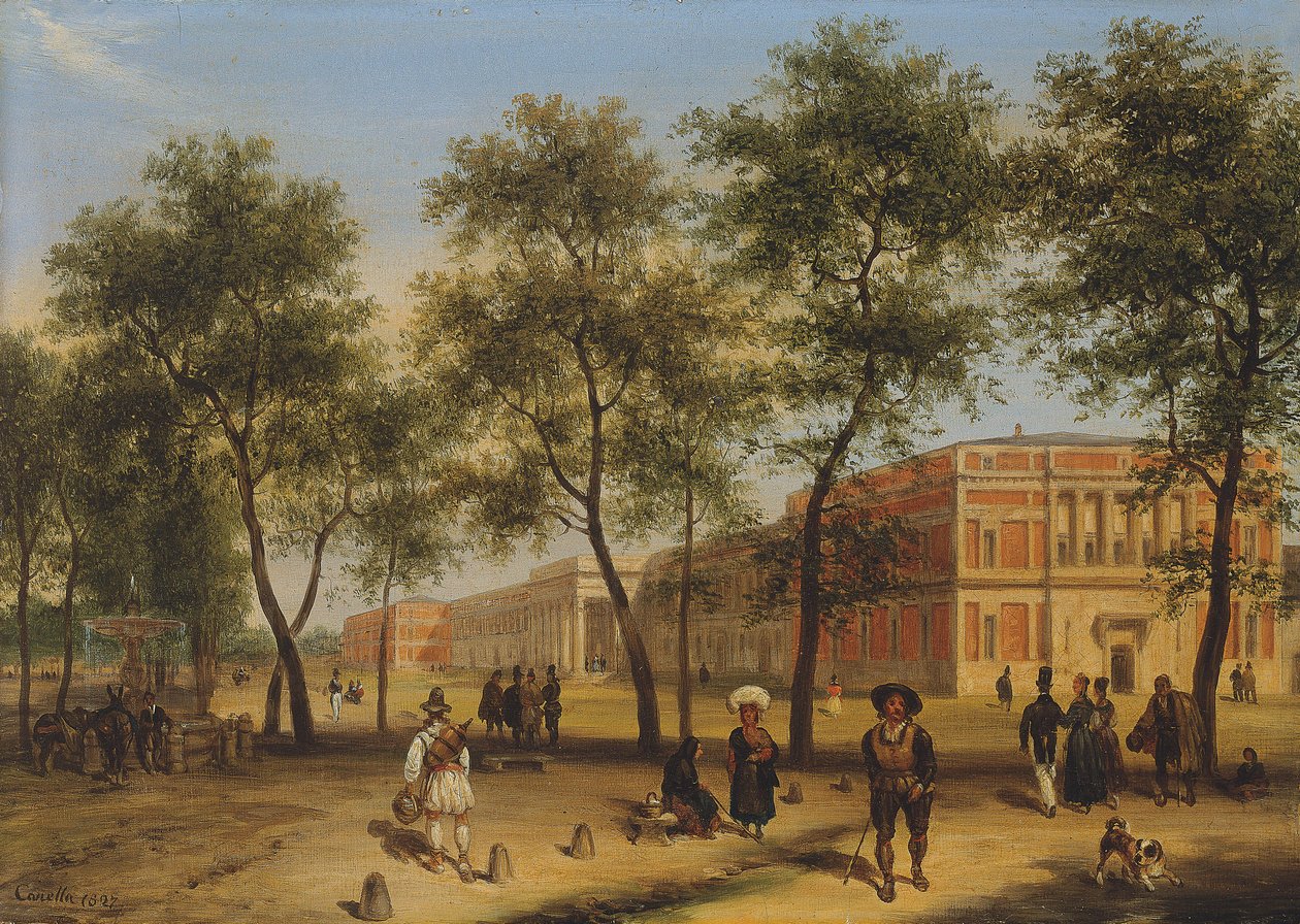 Antatt utsikt over Paseo del Prado med Prado-museet, Madrid, 1827 av Giuseppe Canella