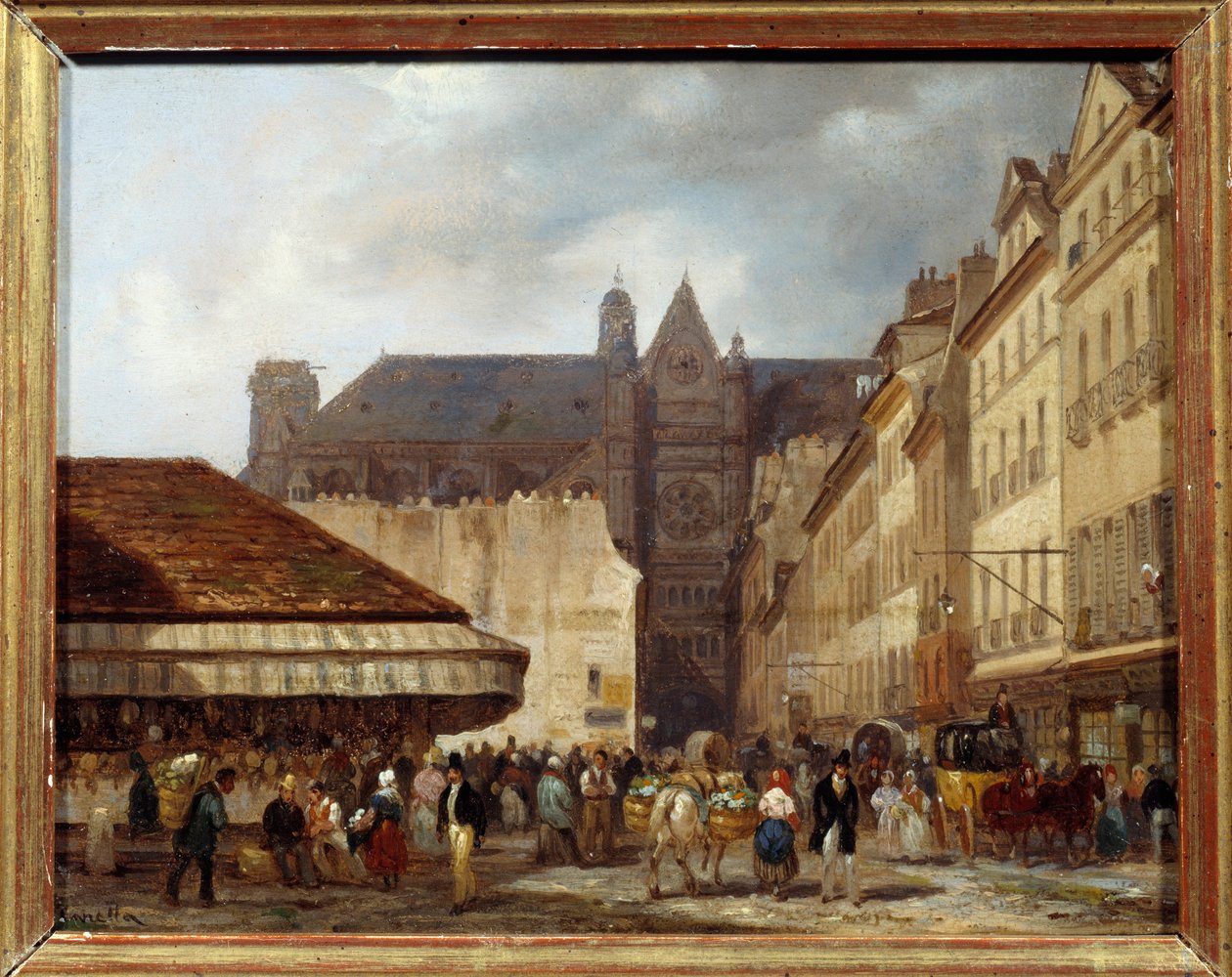Rue des Prouvaires og kirken Saint Eustache (Quartier des Halles) i Paris. Maleri av Giuseppe Canella (1788-1847) Ec.ital. av Giuseppe Canella