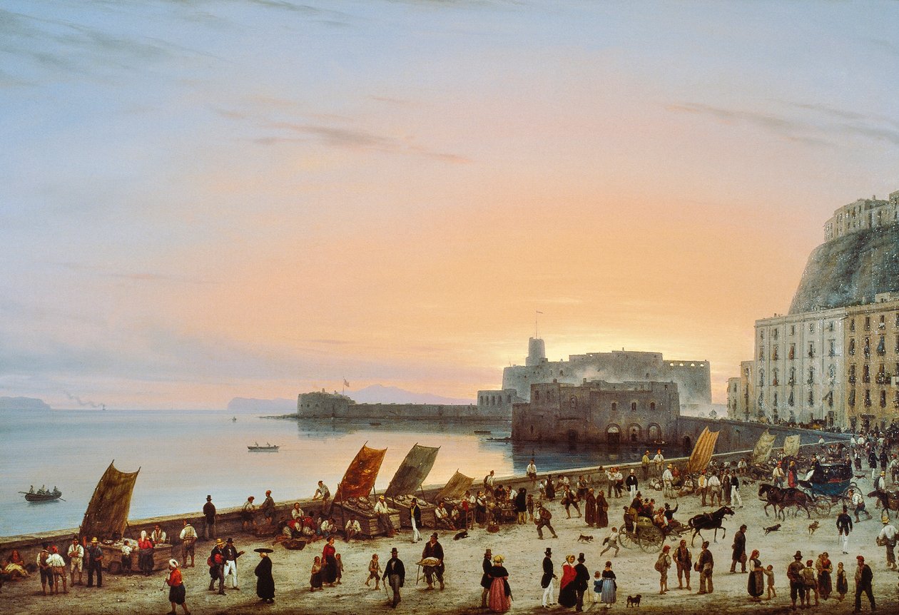 Solnedgang på napolitansk vannkant, ca 1838, av Giuseppe Canella (1788-1847), olje på lerret, 90x135 cm av Giuseppe Canella