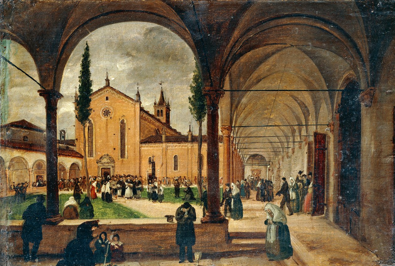 The Cloister of St Bernardino, av Giuseppe Canella (1788-1847), olje på lerret, 29x42 cm. av Giuseppe Canella
