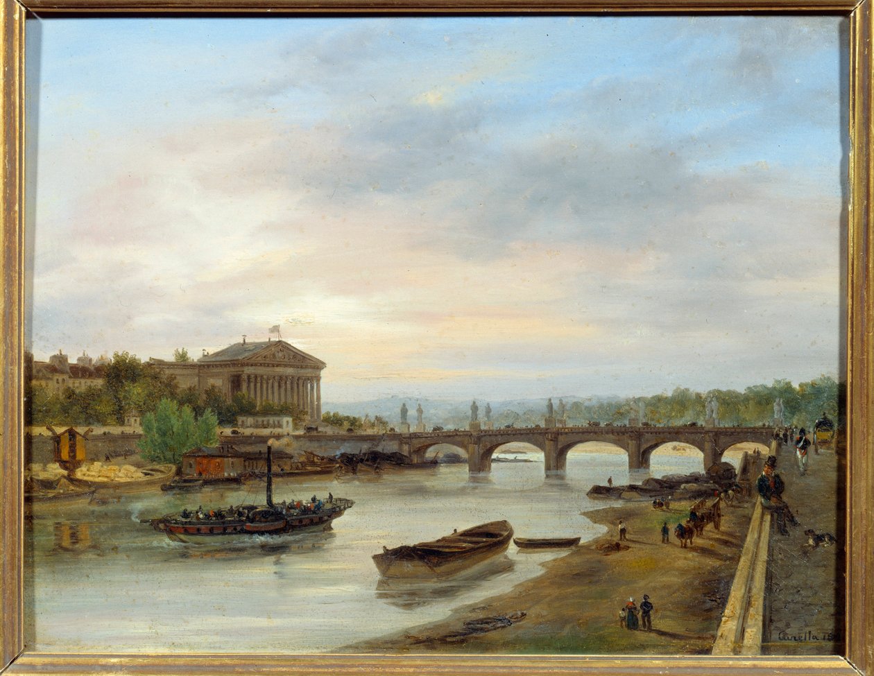 Palais Bourbon og Pont Louis XVI (Pont de la Concorde) sett fra Quai des Tuileries i Paris. Maleri av Giuseppe Canella (1788-1847) EC.ITAL. av Giuseppe Canella