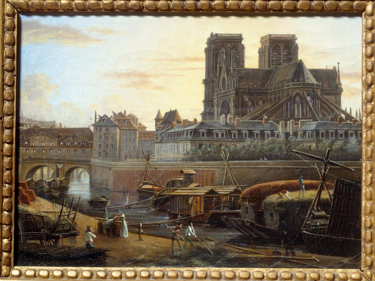 Saint Charles-broen, hotel dieu, archeveche og Notre Dame sett fra Quai de la Tournelle i Paris. Maleri av Giuseppe Canella (1788-1847) EC.ITAL. av Giuseppe Canella