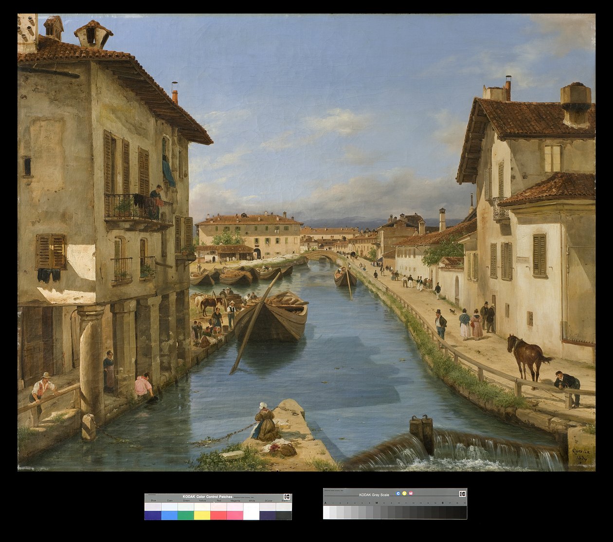 Utsikt over Naviglio-kanalen fra San Marco-broen i Milano, 1834 av Giuseppe Canella