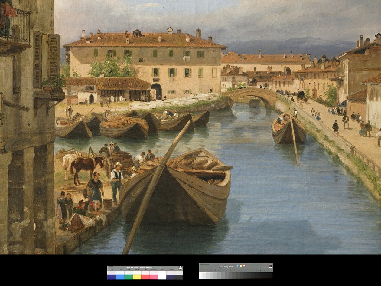 Utsikt over Naviglio-kanalen fra San Marco-broen i Milano, 1834 av Giuseppe Canella