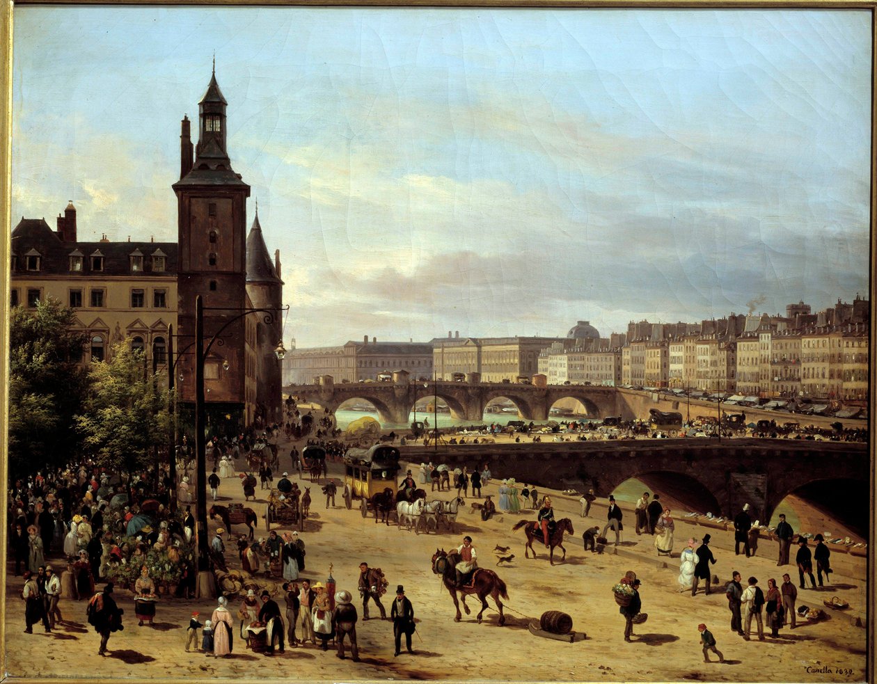 Utsikt over Blomstervandringen, Klokketårnet, Pont au Change og Pont-Neuf i Paris Maleri av Giuseppe Canella l