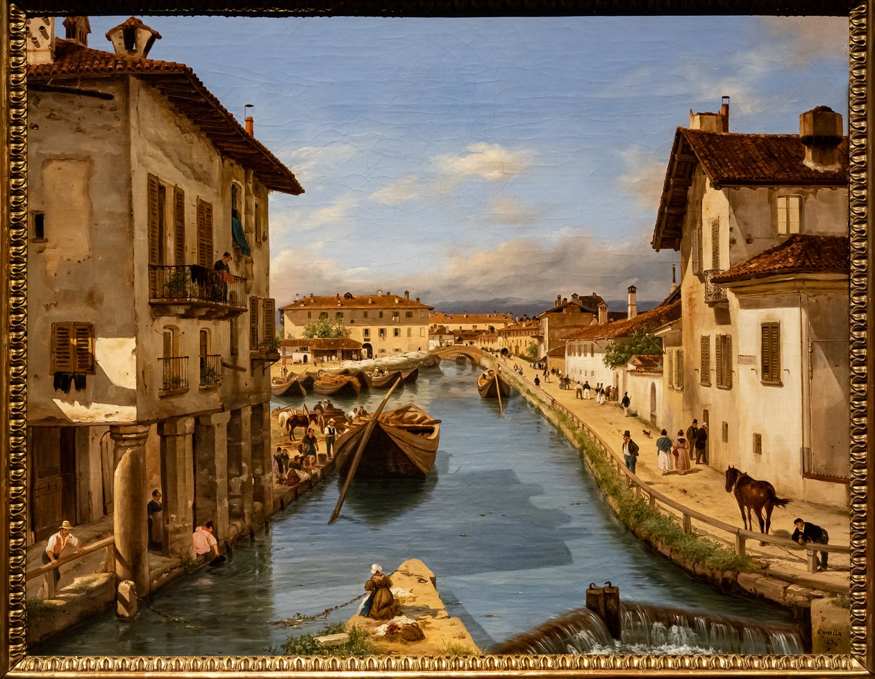 Utsikt over Naviglio-kanalen fra broen til St. Mark, ca. 1850 (olje på lerret) av Giuseppe Canella