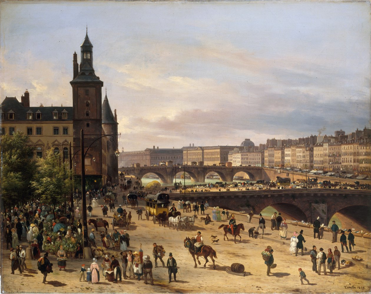 Blomstermarkedet, klokketårnet, Pont au Change og Pont-Neuf, 1832. av Giuseppe Canella the Elder