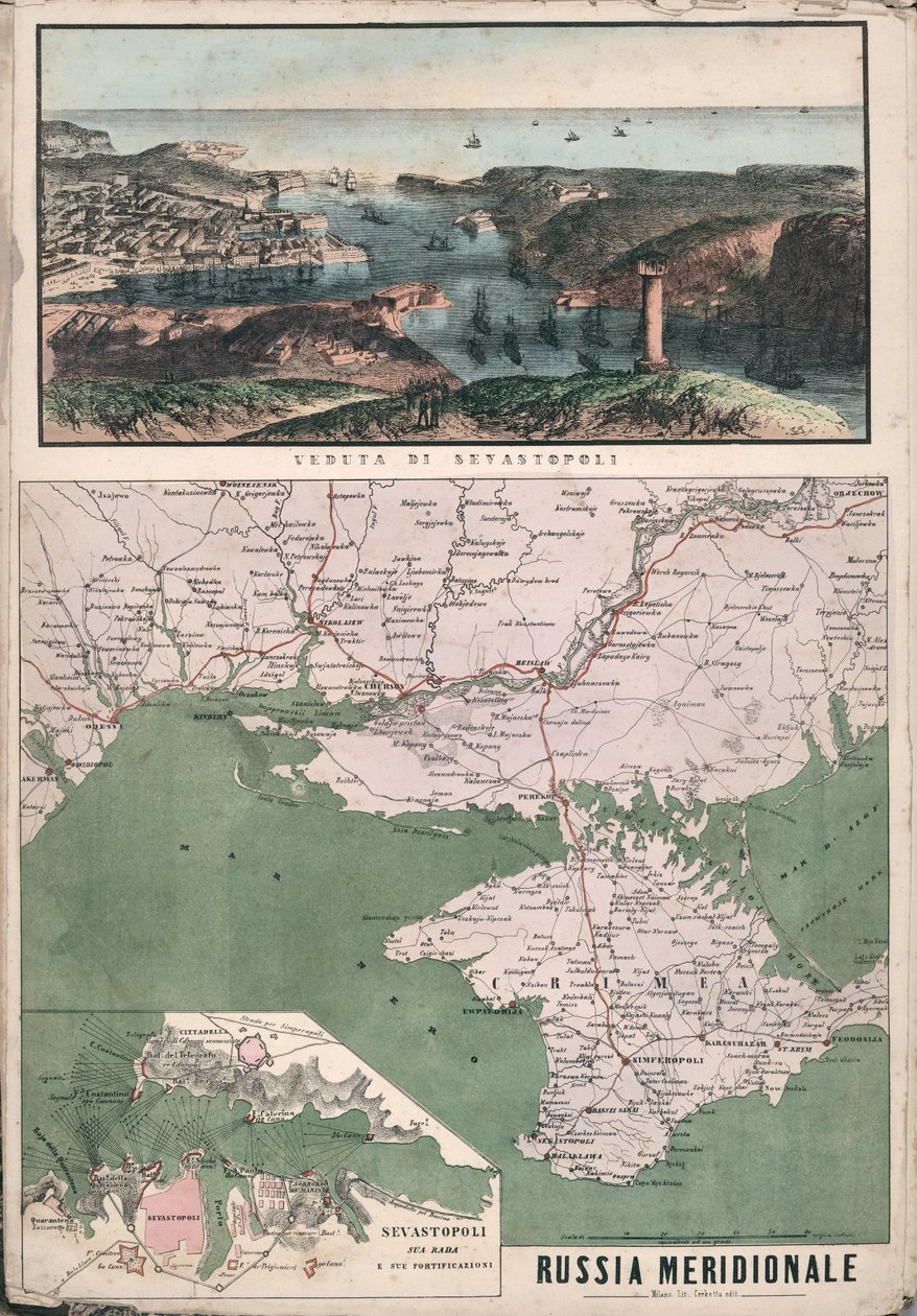 Kart over Sør-Russland med utsikt over Sevastopol-bukten og dens festningsverk, 1853. av Giuseppe Civelli