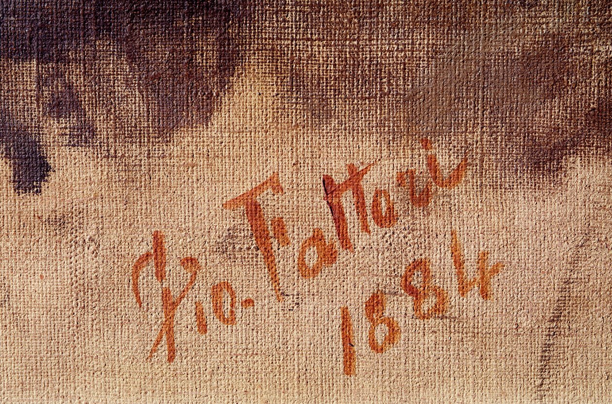 Selvportrett i en alder av 59, detalj av signaturen (olje på lerret av Giuseppe Fattori