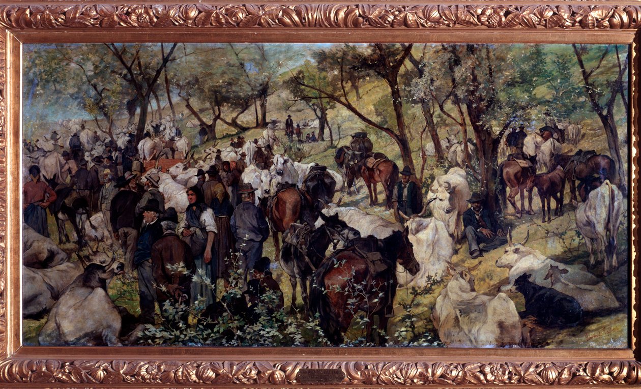 Markedet i San Godenzo, Toscana (olje på lerret av Giuseppe Fattori