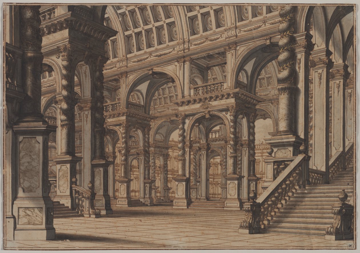 Monumental hvelvet hall med trapp av Giuseppe Galli Bibiena