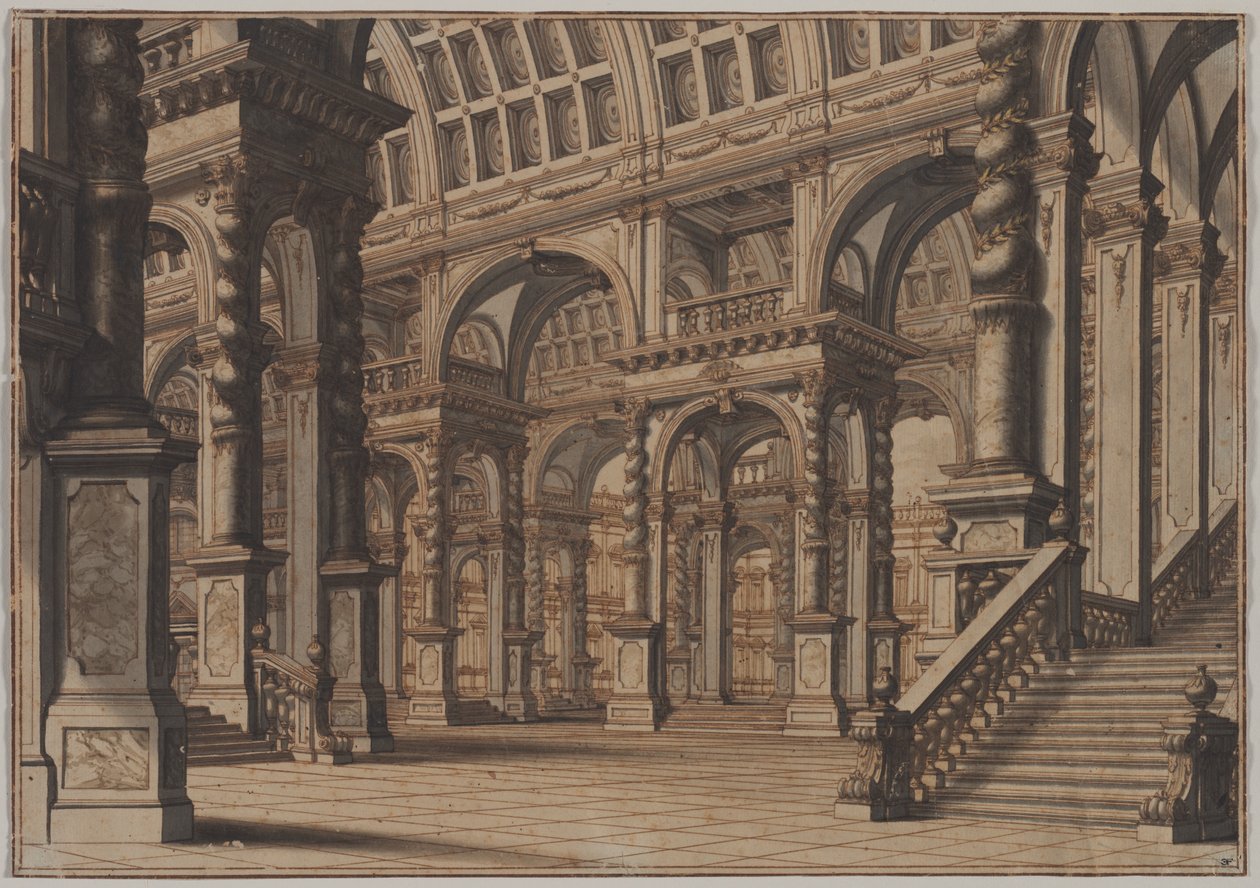 Monumental hvelvet hall med trapp, andre kvartal 1700-tallet. av Giuseppe Galli Bibiena