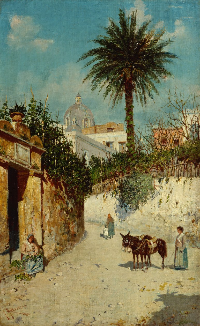 En gatescene i Napoli (olje på lerret) av Giuseppe Giardiello