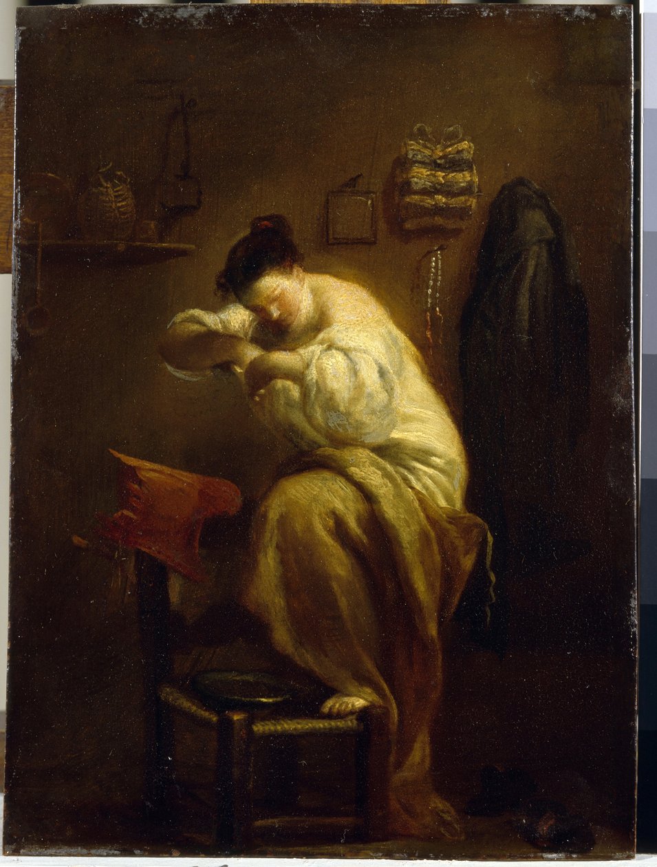 Kvinne på jakt etter lopper. (Kvinne på jakt etter lopper). Maleri av Giuseppe Maria Crespi (1665-1747), olje på lerret, ca 1710. Italiensk kunst (Bologna) av Giuseppe Maria Crespi