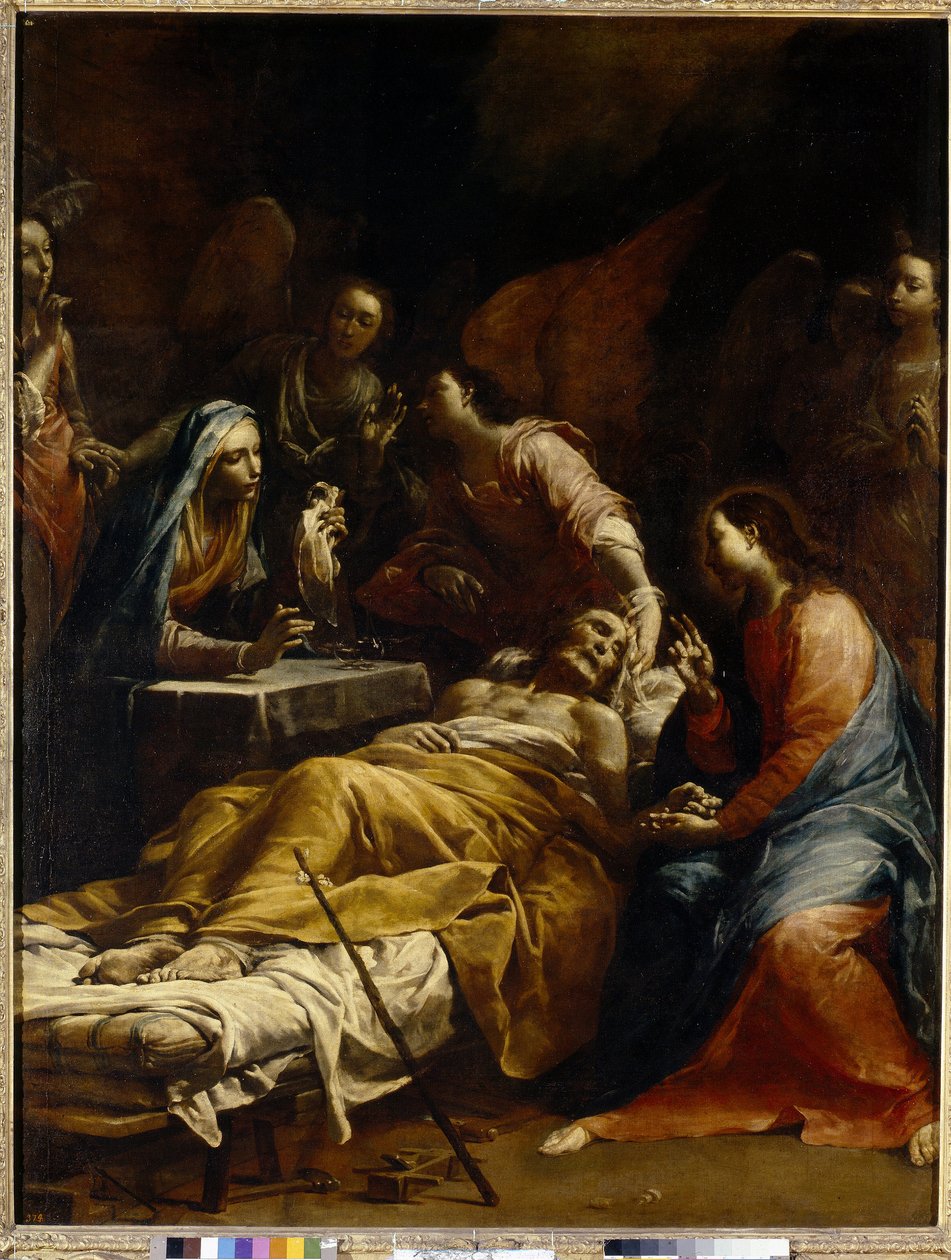 Death of Saint Joseph (Death of Saint Joseph). Gammel mann liggende på dødsleie, omgitt av Jomfru Maria, Jesus Kristus velsignet ham og engler. Maleri av Giuseppe Maria Crespi kjent som Lo Spagnolo (1665-1747), olje på lerret, ca. 1712. Italiensk kunst av Giuseppe Maria Crespi