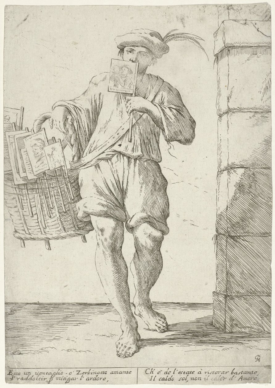 Selger av flagg eller fans Gateselgere i Bologna (serietittel) L'Arti Per Via (serietittel) av Giuseppe Maria Mitelli (signed by artist)
