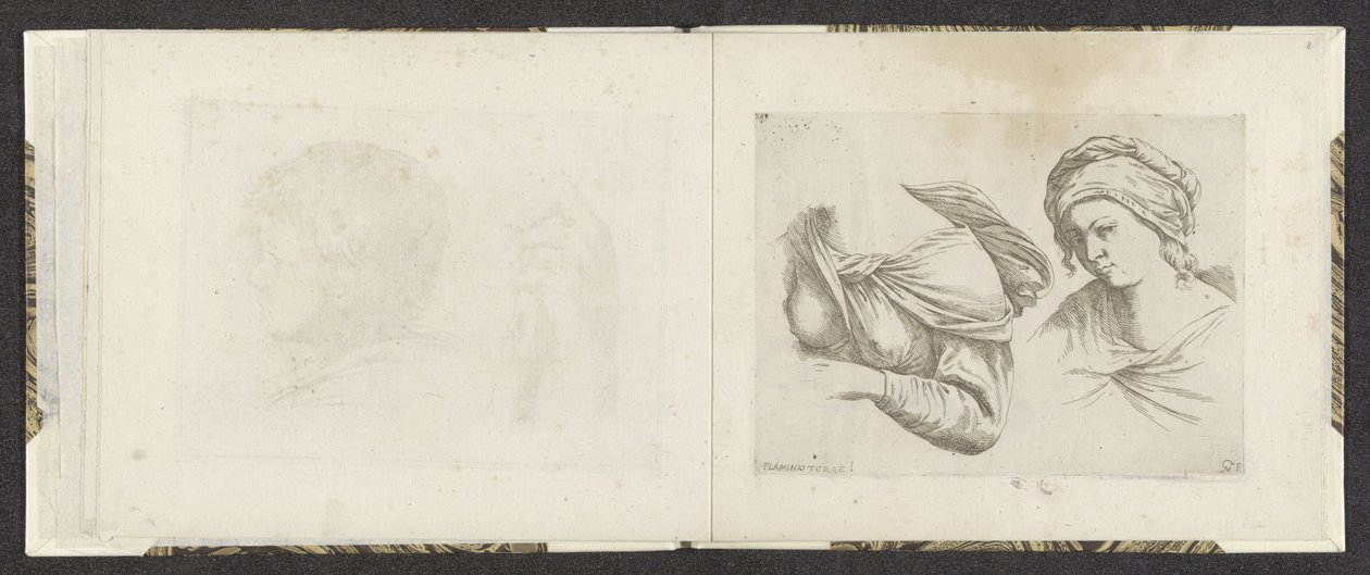 Overkroppen til en kvinne og byste av en kvinne Tegningseksempler (serietittel) Mitelli intaglio (serietittel) av Giuseppe Maria Mitelli