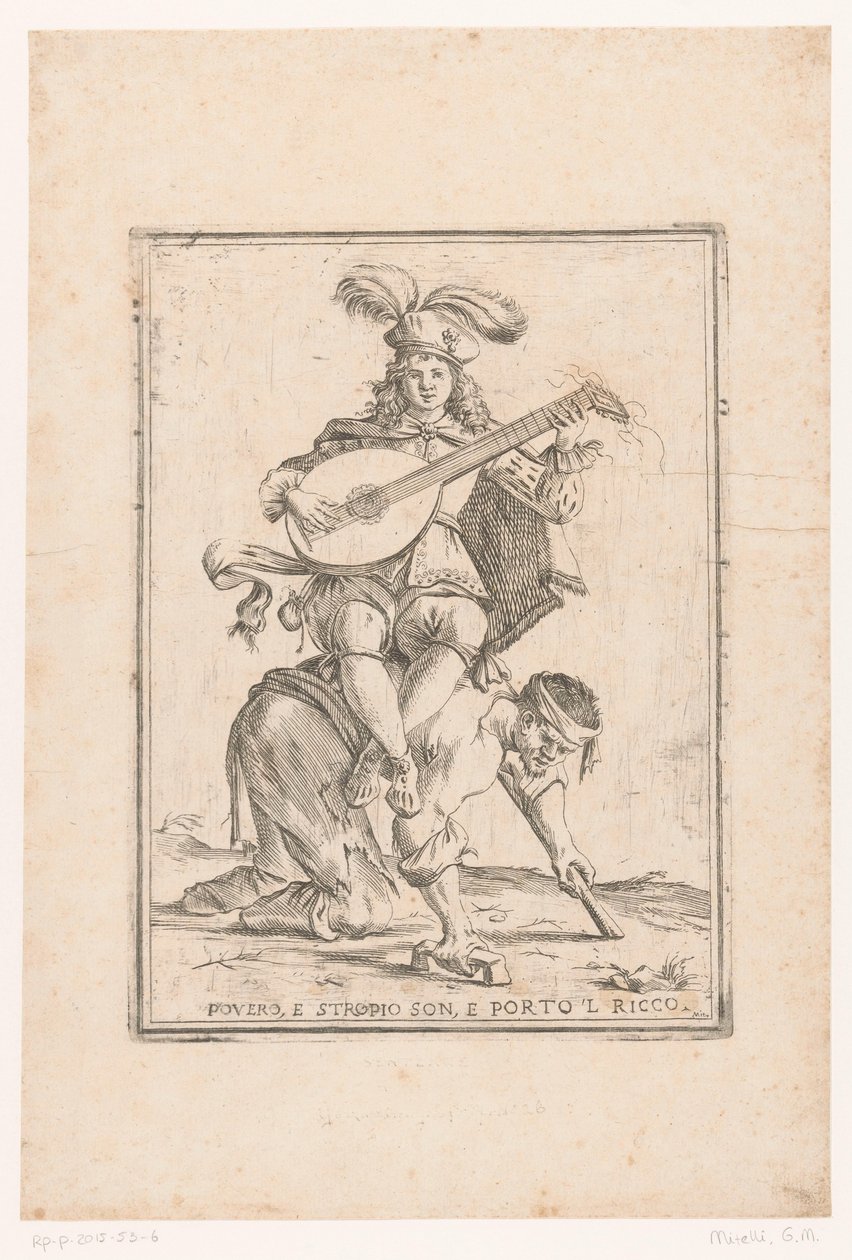 De arme draagt ​​de rijke Fattig, og søppel jeg er, og jeg tok med den rike mannen (tittel på objekt) This is the world (serietittel) av Giuseppe Maria Mitelli