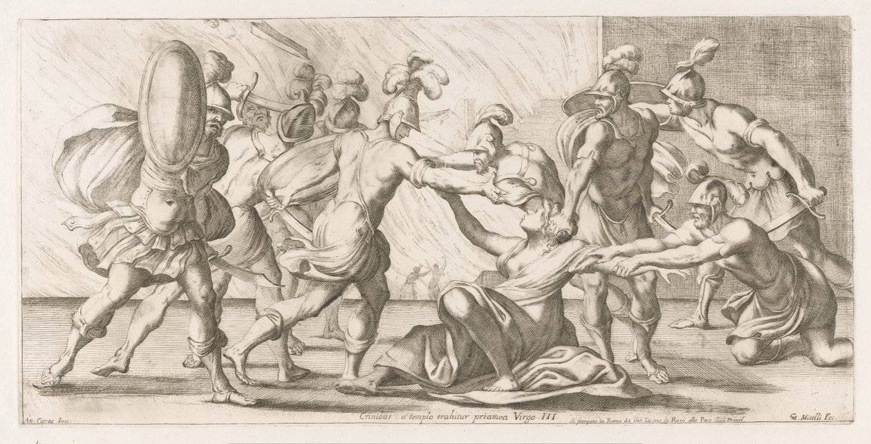 Grieken sleuren Cassandra uit de tempel Crinibus : à templo trahitur Priamea Jomfruen (tittel på objekt) Omzwervingen van Aeneas (serietittel) L'Enea Vagante maleri dei Caracci (serietittel) av Giuseppe Maria Mitelli