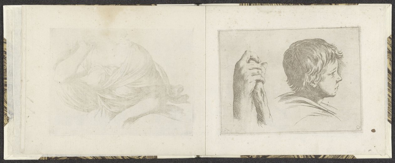 Hånd med en trepinne og hode til en gutt Tegningseksempler (serietittel) Mitelli intaglio (serietittel) av Giuseppe Maria Mitelli