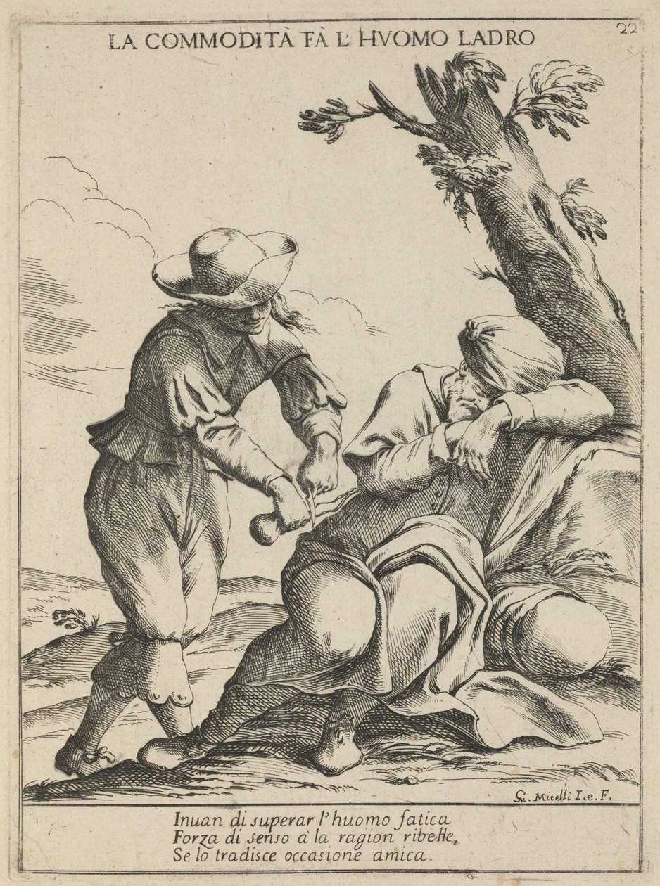 Mulighet gjør en tyv. Comfort Makes a Thief, 1678 av Giuseppe Maria Mitelli