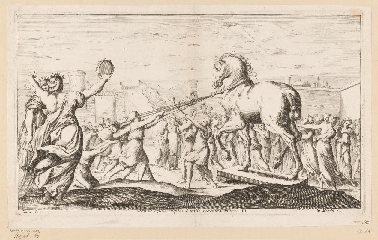 Paard van Troje wordt binnengehaald Scandit equus ruptos Fatalis machina muros (title on object) Omzwervingen van Aeneas (series title) L