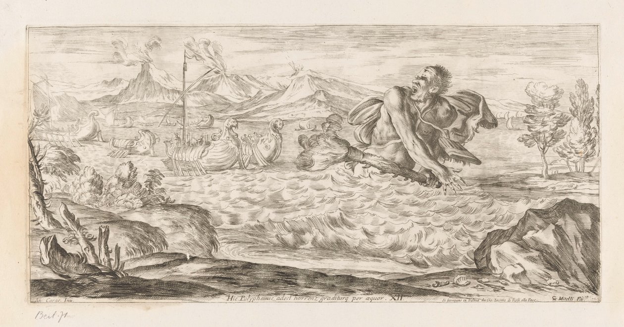 Polyphemus achtervolgt de vloot av Aeneas Her er Polyphemus tilstede, grusomt, skridende over sletten (tittel på objekt) Omzwervingen van Aeneas (serietittel) L
