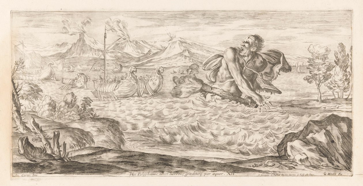 Polyphemus achtervolgt de vloot av Aeneas Her er Polyphemus tilstede, grusomt, skridende over sletten (tittel på objekt) Omzwervingen van Aeneas (serietittel) L