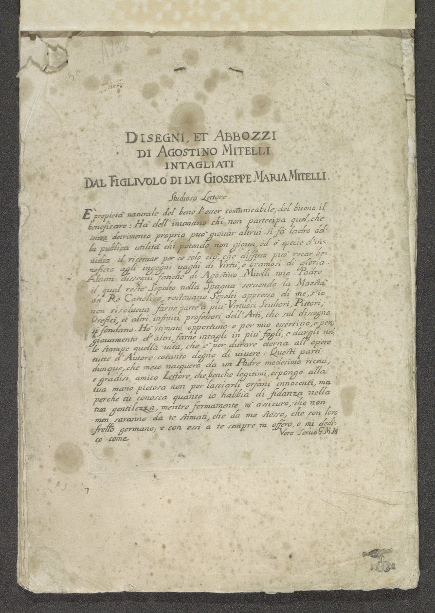 Titelprent met voorwoord en opdracht Ornamenten (series title) Disegni, et Abbozzi di Agostino Mitelli Intagliati Dal Figluolo di Lui Gioseppe Maria Mitelli (series title on object)   1383184   no       norwegian Successfully Translated  Original: Udsigt m av Giuseppe Maria Mitelli