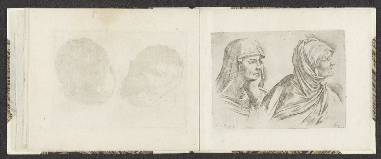 To byster av eldre kvinner til høyre Tegningseksempler (serietittel) Mitelli intaglio (serietittel) av Giuseppe Maria Mitelli