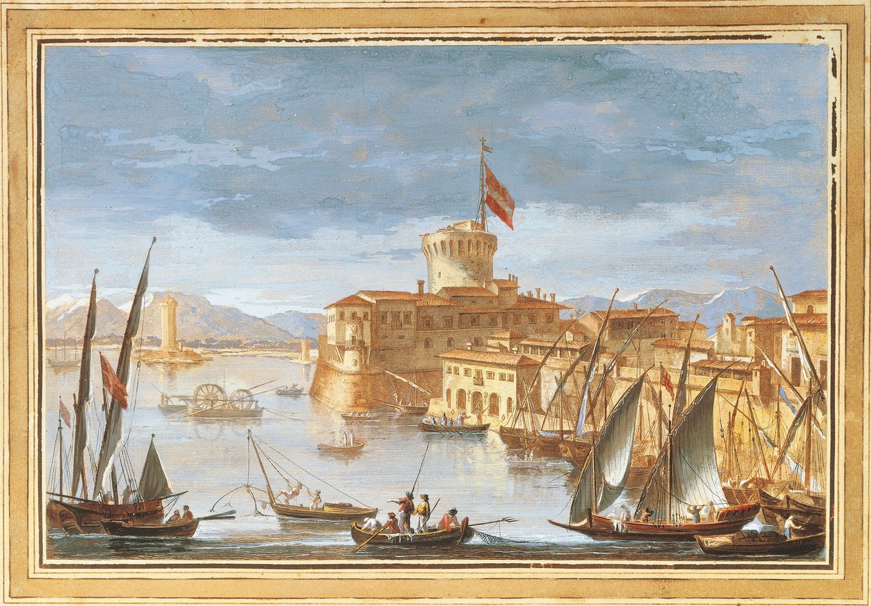Utsikt over Livorno havn, av Giuseppe Maria Terreni, illustrasjon av Giuseppe Maria Terreni