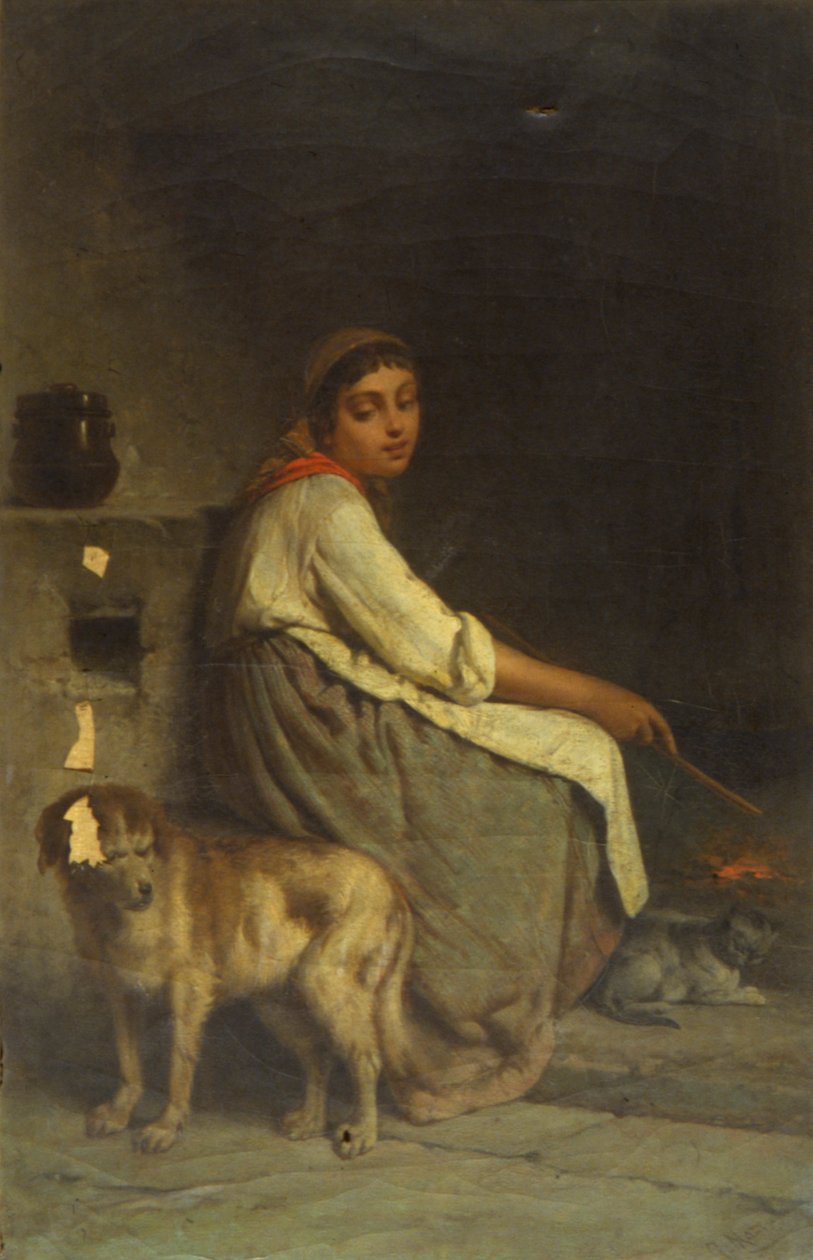Kvinne med hund og katt ved peisen av Giuseppe Mazza