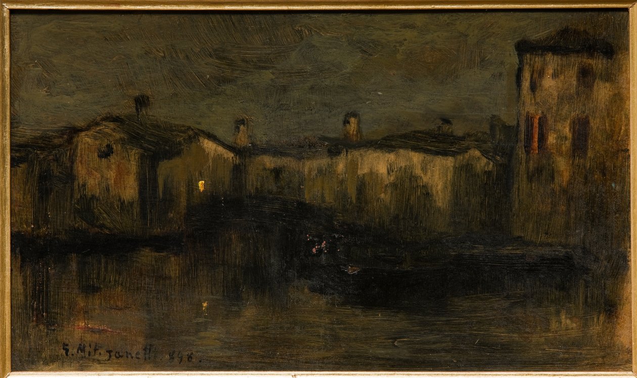 Landskap med hus (olje på papp) av Giuseppe Miti Zanetti