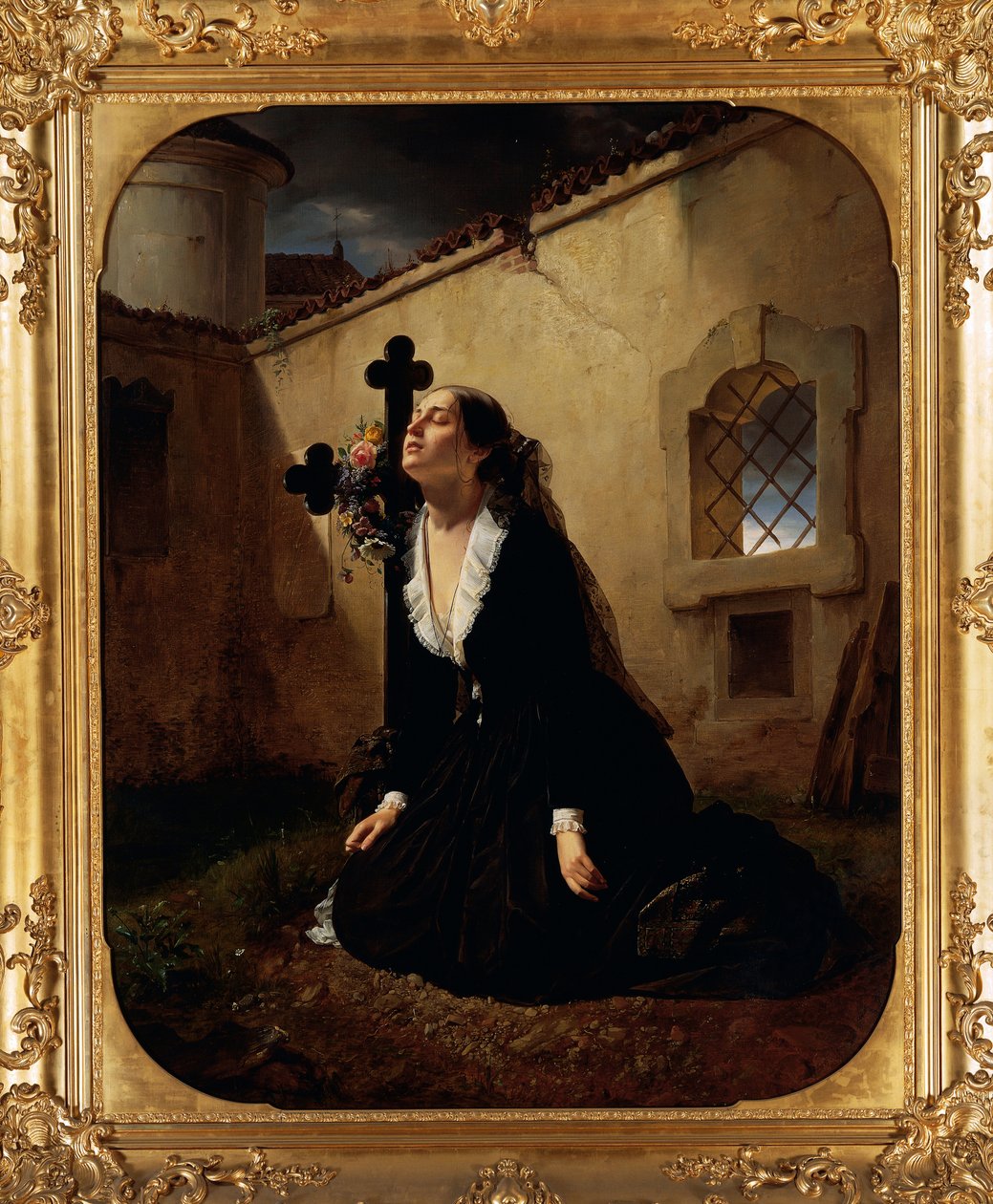 Beklagende tap av kjære eller kone til oberst Manara ved graven til mannen hennes, av Giuseppe Molteni (1800-1867), olje på lerret av Giuseppe Molteni