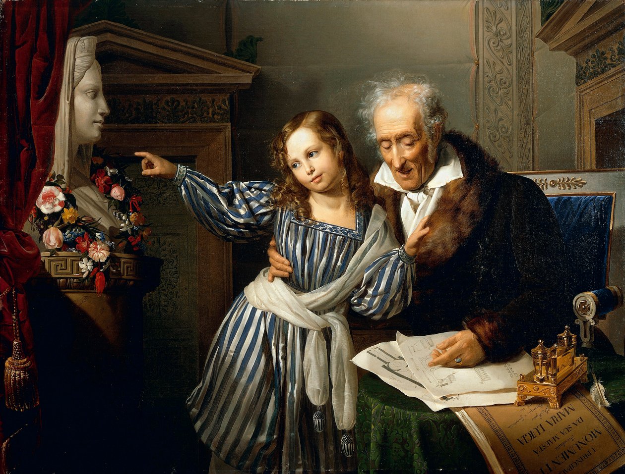 Gammel mann som peker ut Maria Luigias Herm til barnebarnet sitt, av Giuseppe Molteni, cirka 1830, olje på lerret av Giuseppe Molteni