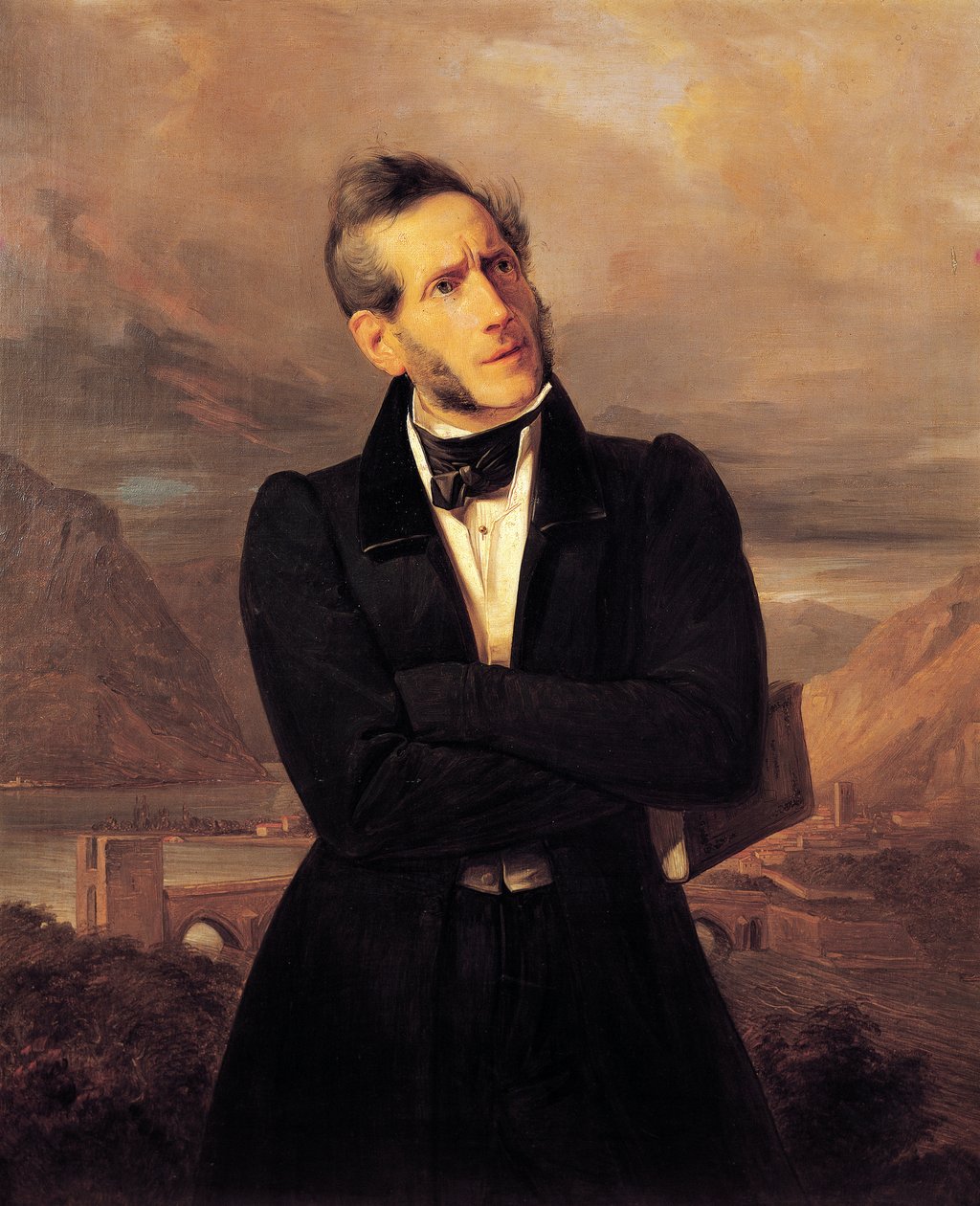 Portrett av Alessandro Manzoni med utsikt over Lecco, maleri av Giuseppe Molteni (1800-1867), landskap malt av Massimo d'Azeglio (1798-1866), olje på lerret av Giuseppe Molteni