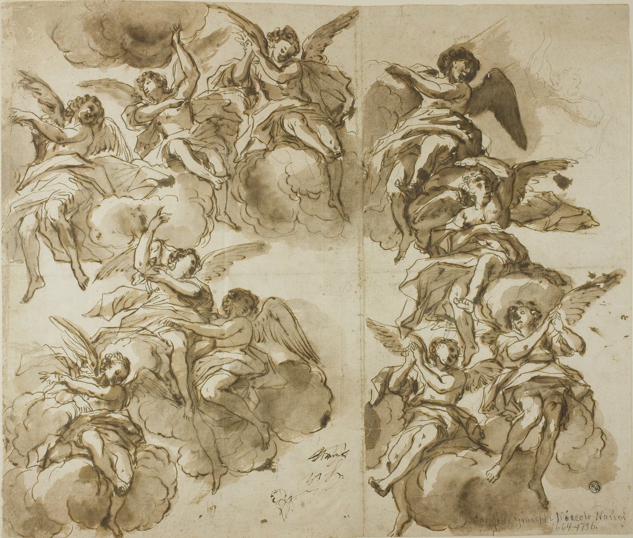 Takdesign: Angels (recto); Skisser av engler (verso) av Giuseppe Nicola Nasini