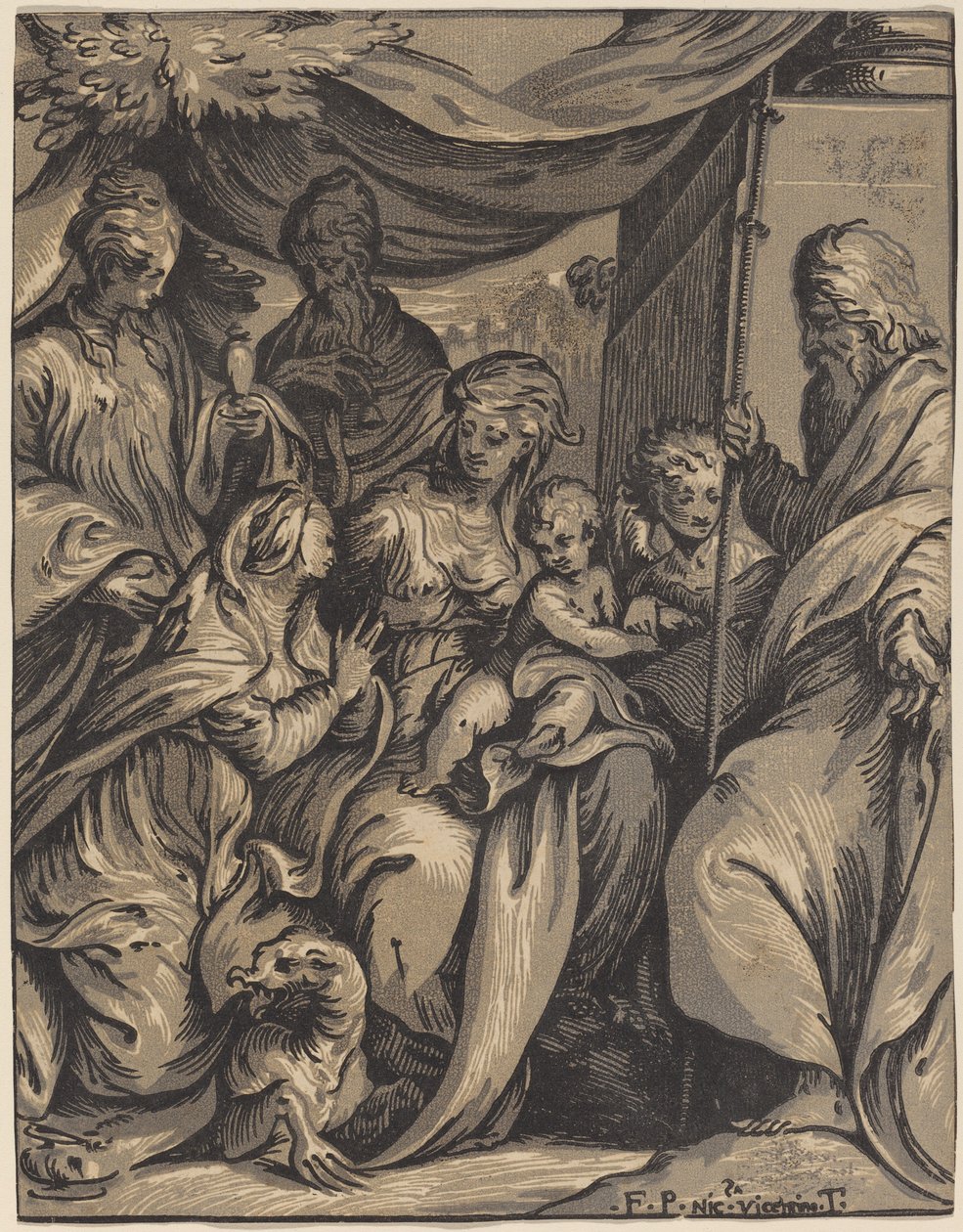 Jomfruen og barnet med de hellige av Giuseppe Nicolo Vicentino, after Camillo Boccaccino
