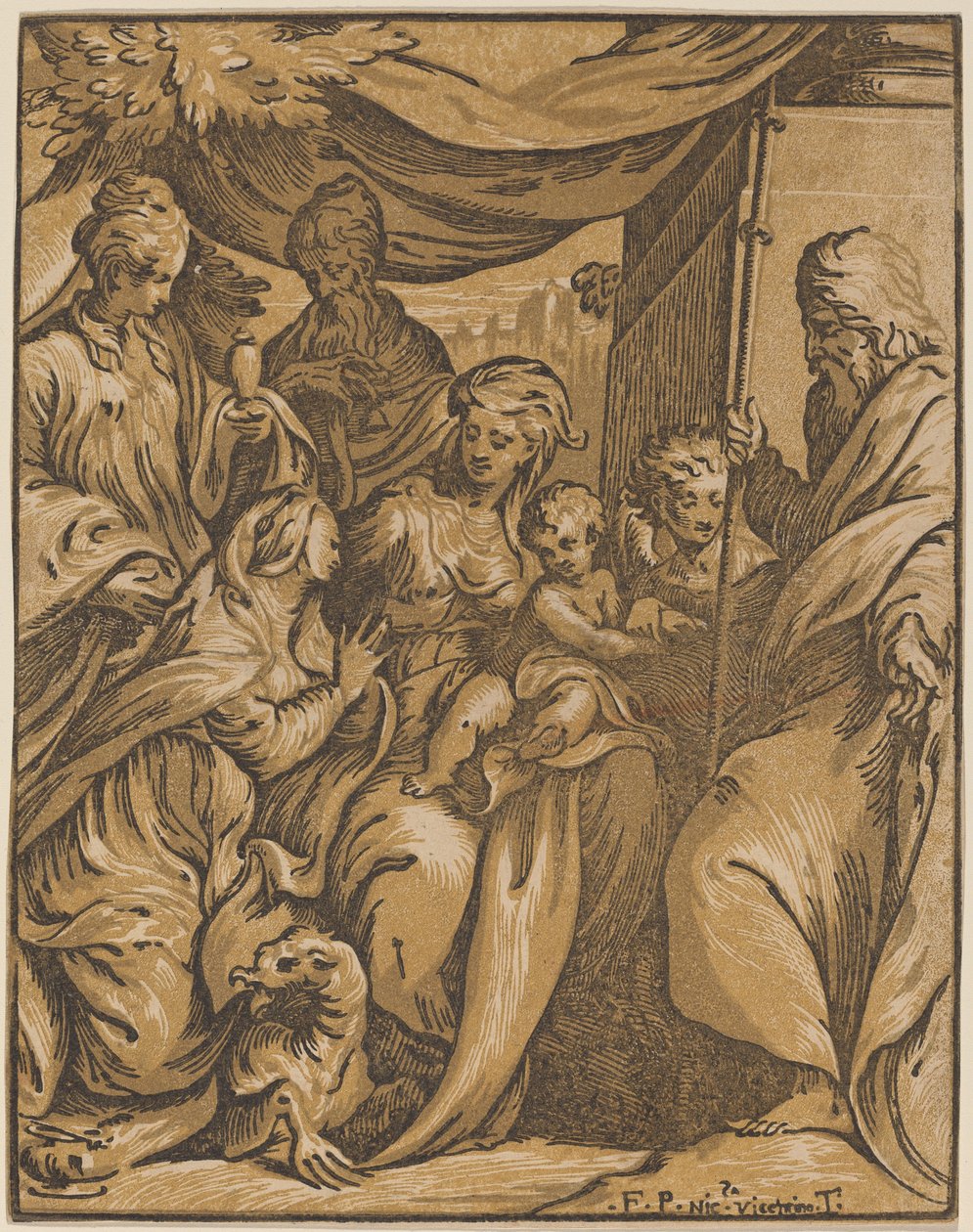 Jomfruen og barnet med de hellige av Giuseppe Nicolo Vicentino, after Camillo Boccaccino