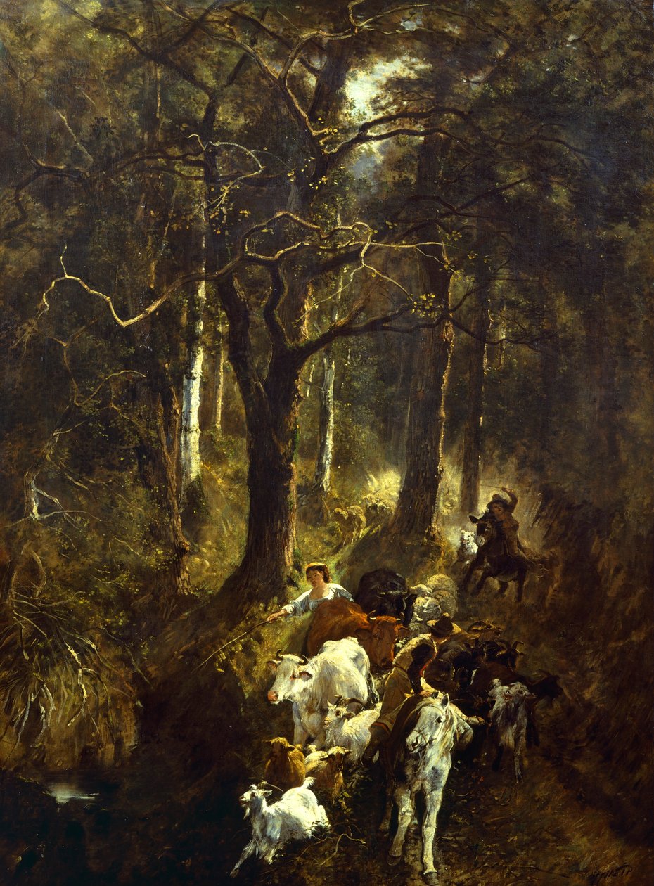 Beite i Fontainebleau, av Giuseppe Palizzi (1812-1888). av Giuseppe Palizzi