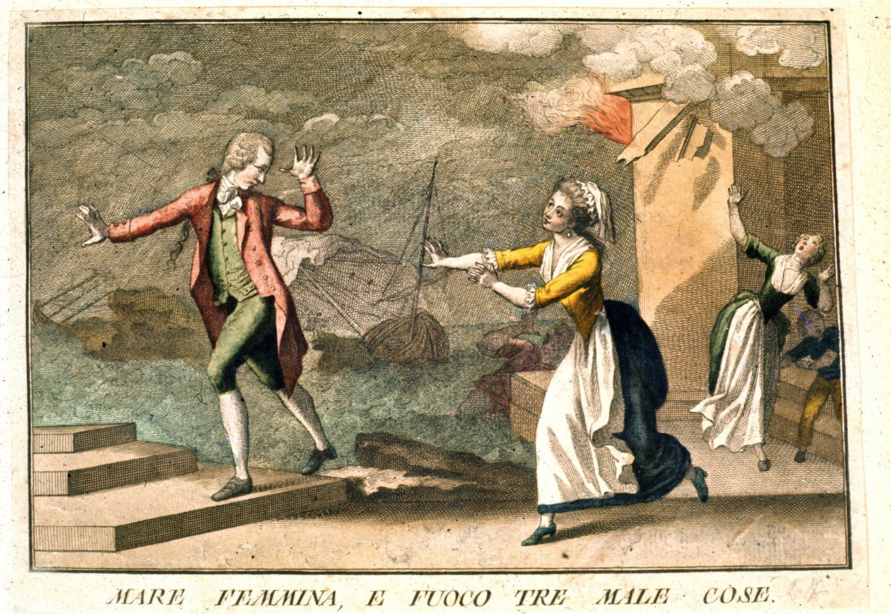 Ordtaket: "Havet, kvinner og ild: de tre ondskapene"". Gravering fra 1700-tallet som illustrerer en rekke ordtak. Giuseppe Piattoli (1740/50-1818). av Giuseppe Piattoli