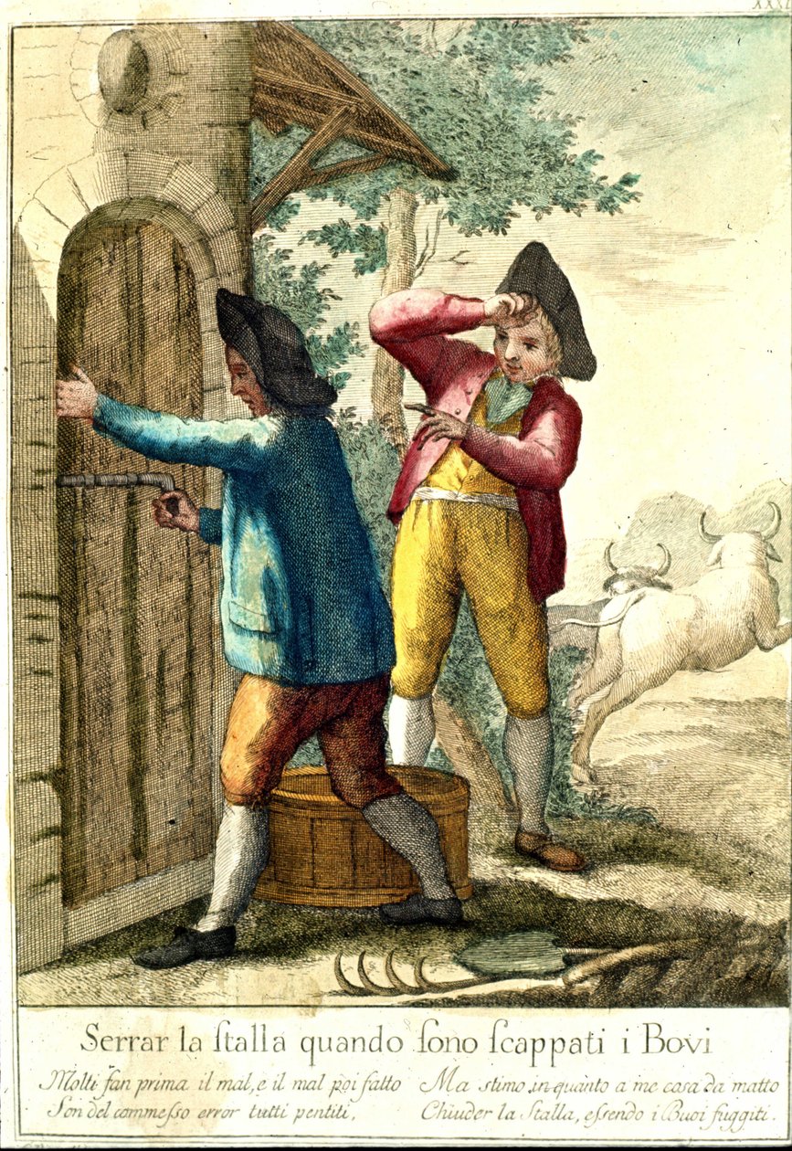 "Det er ingen vits i å stenge stallen når hestene har rømt." Gravering fra 1700-tallet som illustrerer en rekke ordtak. Giuseppe Piattoli (1740/50-1818) av Giuseppe Piattoli