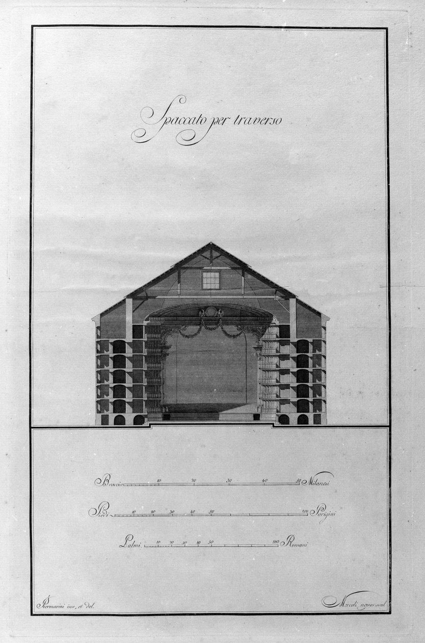 Arkitektonisk cup of the Theatre of La Scala av Giuseppe Piermarini (1734-1808) rundt 1776-1778 Milano, Italia (Arkitektur utskåret tegning av teater alla Scala av Piermarini, Milano, Italia) Gravering av Giuseppe Piermarini