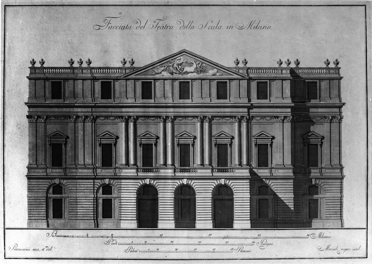 Tegning av den utvendige arkitekturen til fasaden til Teatro alla Scala (Theatre de la Scala) i Milano realisert av Giuseppe Piermarini (1734-1808). av Giuseppe Piermarini