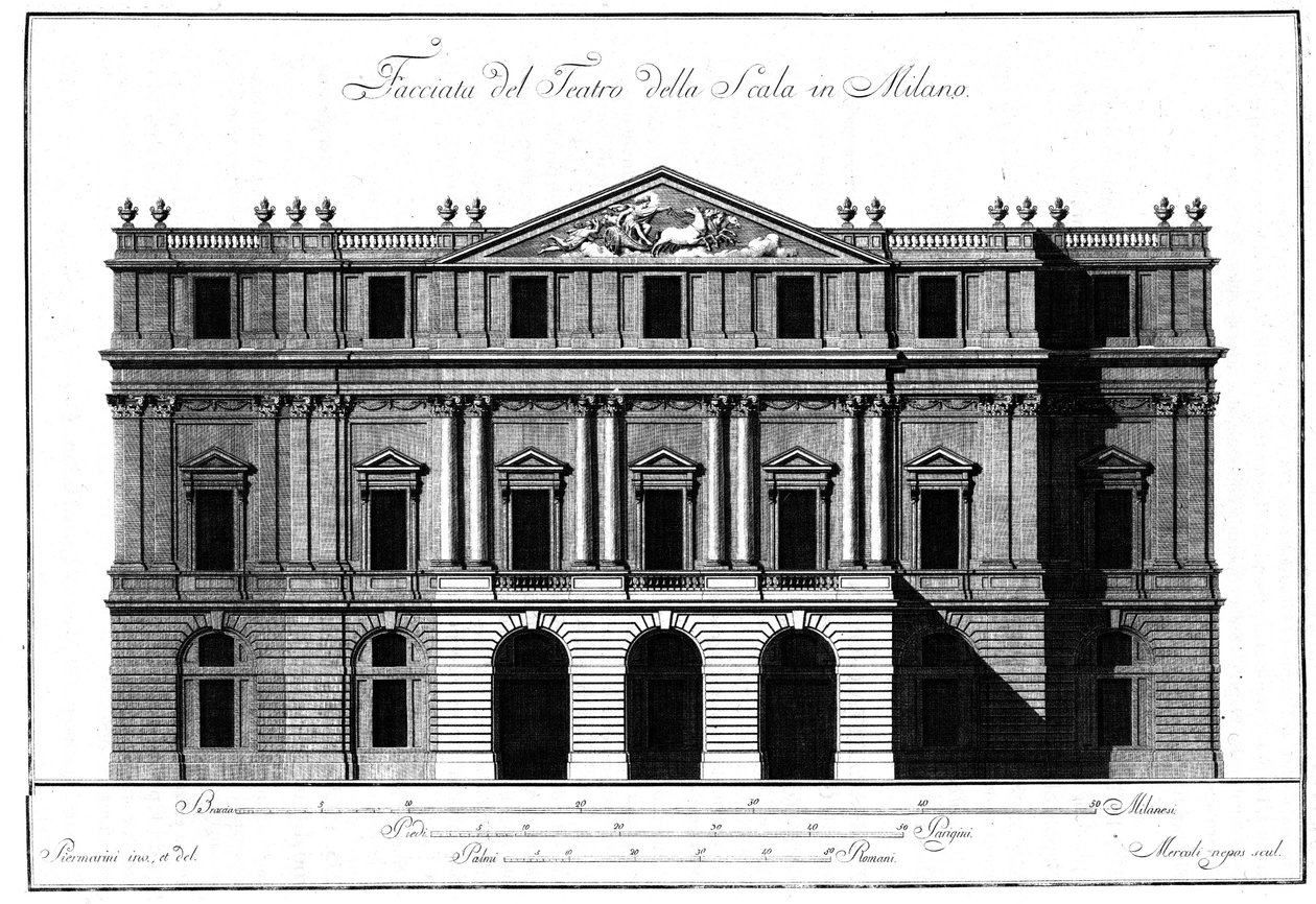 Drawing of the exterior architecture of the facade of the Teatro alla Scala (Theatre de la Scala) in Milan realized by Giuseppe Piermarini (1734-1808). av Giuseppe Piermarini