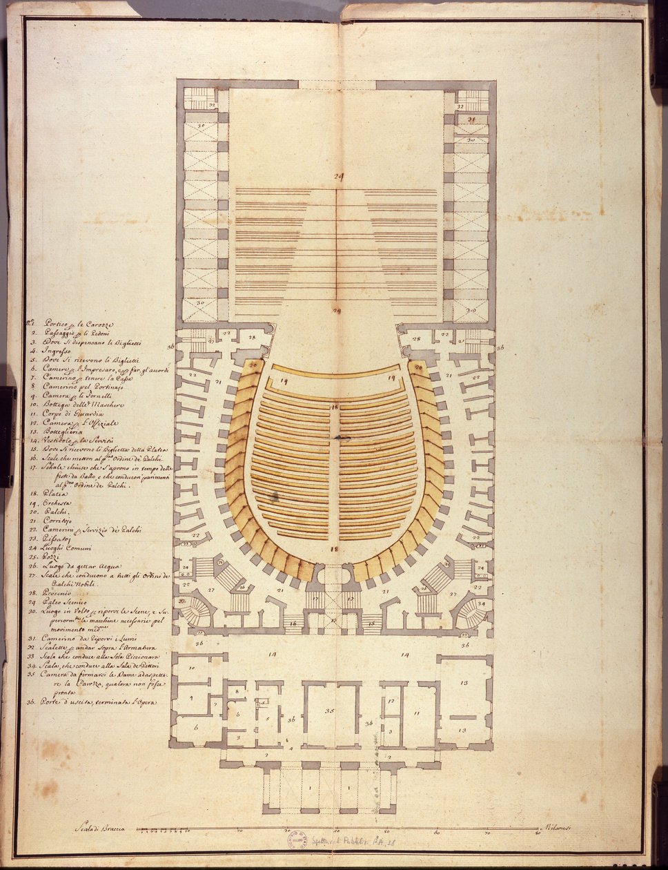Originaltegning av interiørarkitekturen til Teatro alla Scala av Giuseppe Piermarini