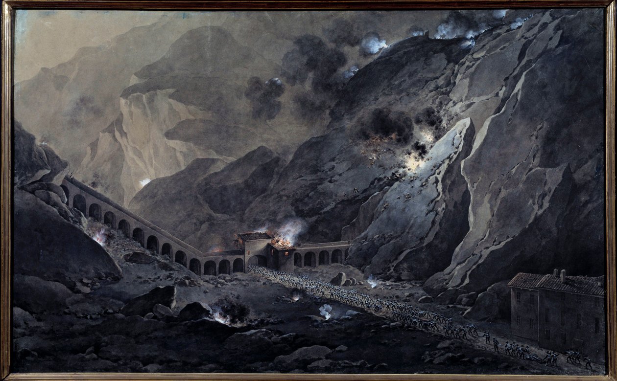 Første italienske kampanje (1796-1797): "" Passasje av fransk artilleri, om natten, under Fort of Bard, okkupert av østerrikerne 21. mai 1800"" Akvarell gouachee av Giuseppe Pietro Bagetti (1764-1831) Søn. 1,04x0,74 m Versailles, Musee du Chateau - Gran av Giuseppe Pietro Bagetti