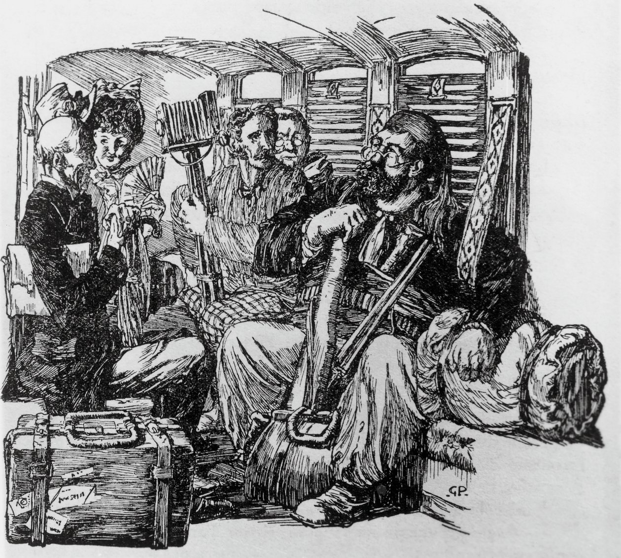 Tartarin i en vogn for Tartarin på Alpene av Alphonse Daudet, Milano av Giuseppe Porcheddu